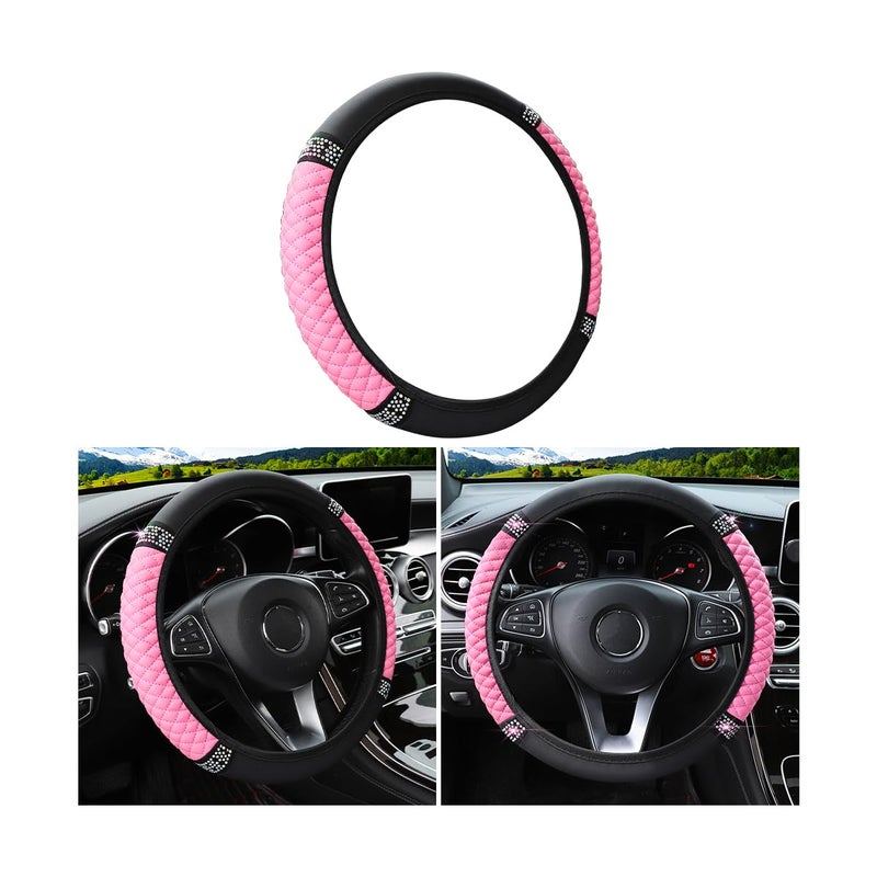 Fekey&JF غطاء عجلة القيادة من الجلد الناعم اللامع مقاس 15 بوصة من أحجار الراين الملونة لحماية عجلة القيادة المرنة والكريستال اللامع للنساء والفتيات وإكسسوارات السيارة الداخلية لمعظم السيارات (وردي) - Image 1